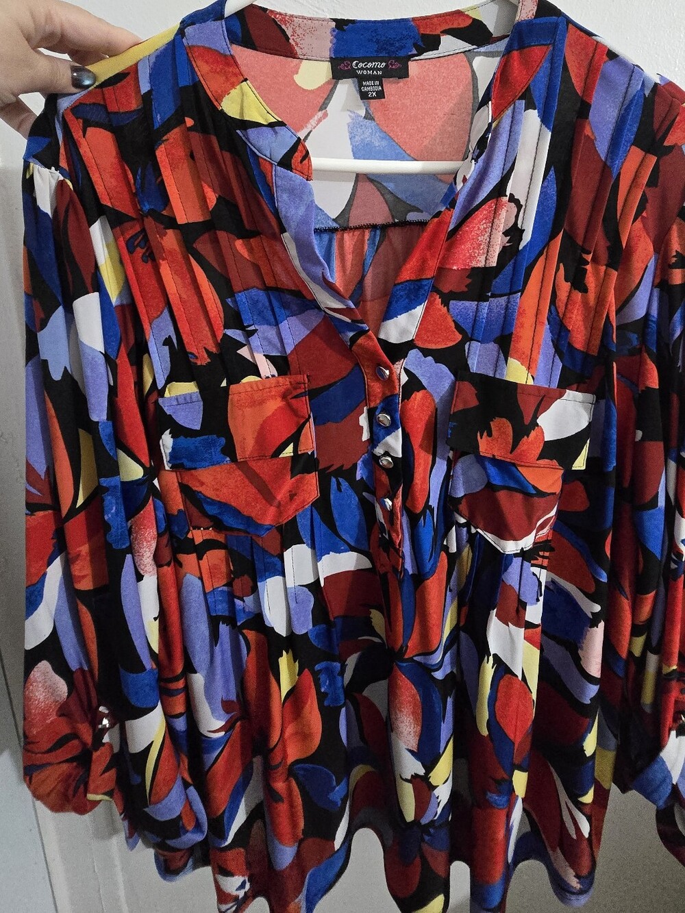Cocomo Multicolor Abstract Button-Front Blouse - Red/Blue/Black